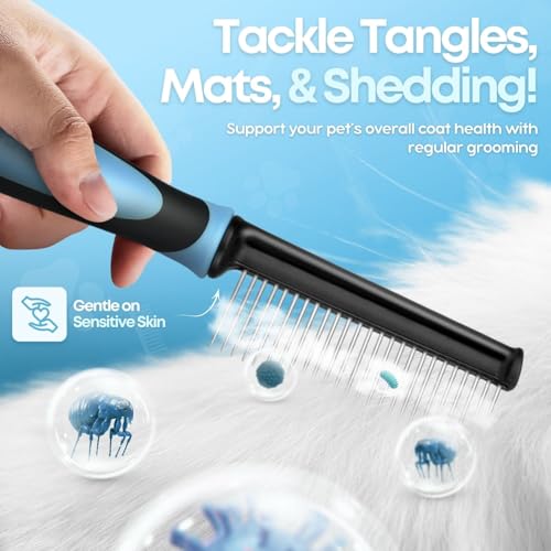Flexzion Metal Dog Comb for Grooming and Dematting, Blue Soft-Grip Handle | Detangling Pet Comb for Dogs and Cats with Rounded Stainless Steel Teeth and a Non-Slip Grip - color: Blue