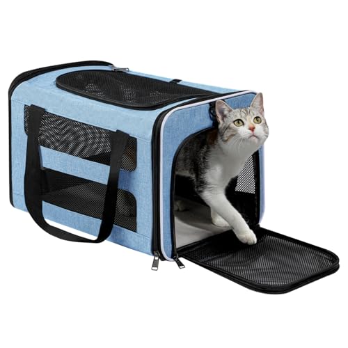 Cat Carrier Soft-Sided Travel Bag for Medium to Large Cat Over 15lbs | Small Puppy Dog Carry Crate 12 Pounds, Top Entry, Breathable Mesh, Pet Kitten Rabbit Cage Bag Transport Kennel Collapsible - color: Blue