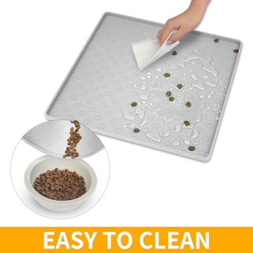 Ptlom Dog Food Mat Anti-Slip Bowl Mats for Food and Water, Waterproof Silicone Pet Placemat with High Raised Edges, Non-Slip Puppy Feeding Tray for Small, Medium Large Cats Dogs, Gray, 11.8"x11.8" - color: Light Gray, size: 11.8"L x 11.8"W
