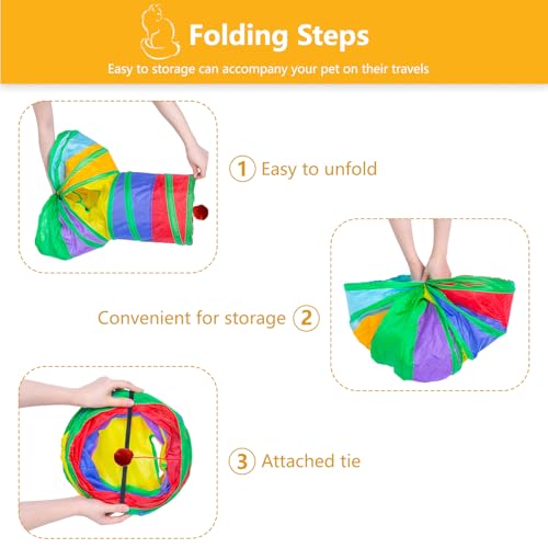 3 Way Cat Tunnel Collapsible Fun Pet Play Tube Toys for Cats, Kittens, Puppies & Rabbits - Portable Tunnel with Hanging Ball for Indoor Play, Hideout & Exercise - color: Muticolor