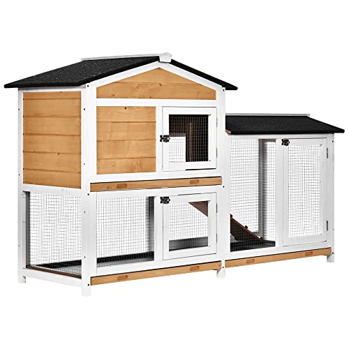PawHut 62" Rabbit Hutch, Wooden Bunny Hutch, Guinea Pig Cage, Small Animal Enclosure with Run Area, Removable Tray, Asphalt Roof, Lockable Doors and Ramp, Nature Wood | Wooden Bunny Hutch, Guinea Pig Cage, Small Animal Enclosure, Removable Tray, Asphalt R