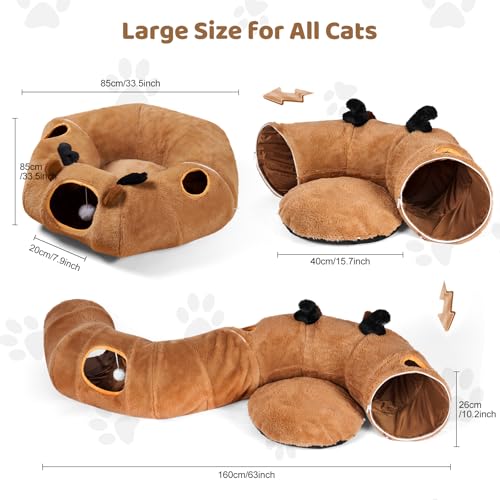 Cat Tunnel Bed with 20 Pcs Interactive Toys, 3-in-1 DIY Collapsible Plush Cat Tube with Washable Mat, Large Indoor Play Tunnel Cave for Kittens and Small Animals - color: Brown