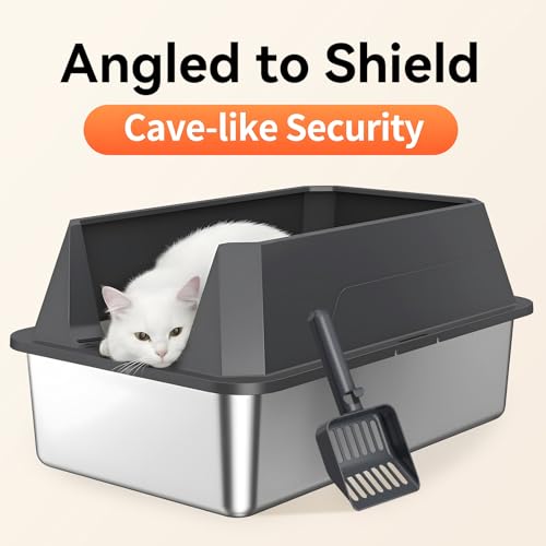 Stainless Steel Litter Box with High Sides, XL | High Sided Cat Litter Pan, Open Top Extra Large Metal Cat Litter Box, Non-Stick, Odor Free, Leakproof, Scoop Included, Gray - color: Grey