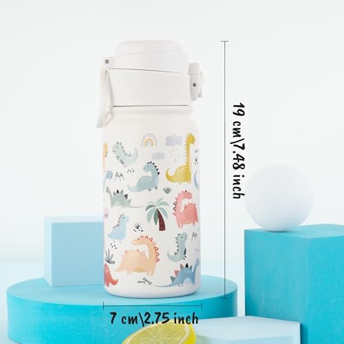 GOPPUS Kids Insulated Water Bottle 12oz, Leakproof Stainless Steel Thermos, BPA Free Double Wall Vacuum Insulated Bottle for School, Travel, Sports & Outdoor Activities, Boys Girls - color: White dinosaur
