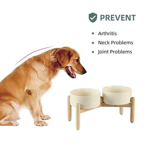 Havniva Elevated Dog Bowls Ceramic Dog Bowls with Stand, Dog Food Bowl | 7.3” Raised Dog Bowls with Non-Slip Wood Stand, Dog Food and Water Bowl Set, Double Dog Feeding Bowls for Medium Dogs - color: 2 Bowls+Stand - Light Yellow, size: 7.3inch