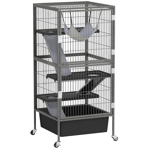 PawHut 45 Inch Small Animal Cage, 4-Tier Rolling Ferret Chinchilla Rabbit Cage with 6 Inch Deep Slide-Out Tray, Platforms, Hammock, for Bunnies, Ferrets, Chinchillas, Squirrels, Gray | Ferret Chinchilla Rabbit Cage, 6 Inch Deep Slide-Out Tray, Platforms,