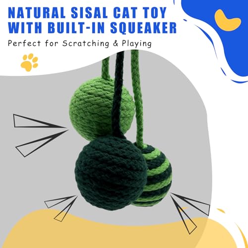 Hanging Cat Toys for Indoor Cats, Fits Cat Tree & Cat Tower | Door Hanging, Cat Kicker, Durable Sisal, Cat Balls Built-in Squeaker, Interactive Kitten Toys for Indoor Kittens