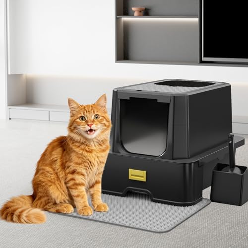 RIZZARI Enclosed Cat Litter Box: Stainless, Top Entry, Easy Clean | Built-In Deodorizer Spray / Extra Large / High Splash Sides / Top-Exit Tracking Control / Slide-Out Drawer / Apartments - color: Carbon black with gun