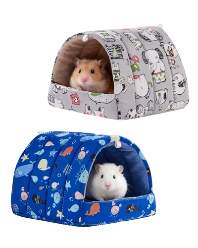 2 PCS Hamster Hideout,Washable Hamster Bed Hamster Bed Hut Hamster House, Small Animal Cage Accessories for Mouse Hedgehogs Ferrets Bearded Dragons and Rats - color: Dark Blue+Gray, size: 6*6in