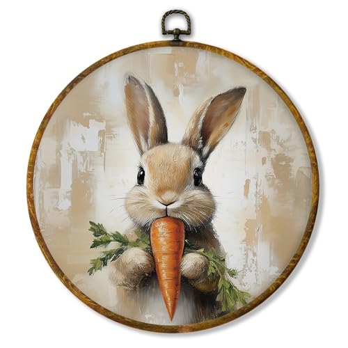 shiviody Vintage Easter Bunny Carrot Canvas Wall Art Decor, Rustic Farmhouse Spring Cottagecore Easter Bunny Rabbit Round Hanging Frame Prints Decorations for Kitchen Home Bedroom Living Room 10"x10" - color: Animals-51