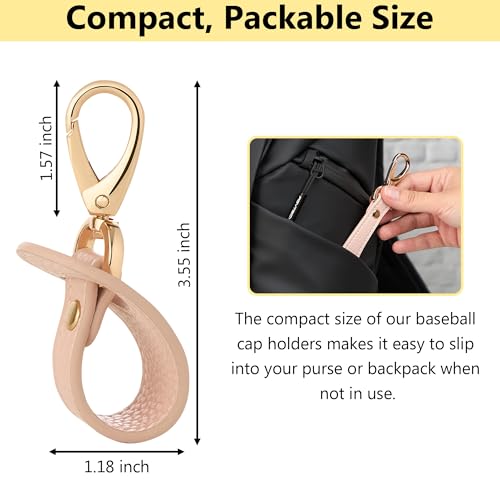 Hat Clip for Travel, Cap Holder Strap for Bags | Faux leather tab, zinc alloy clasp, fits baseball snapback and ponytail caps, mouse ear holder, hands free travel - color: Pink