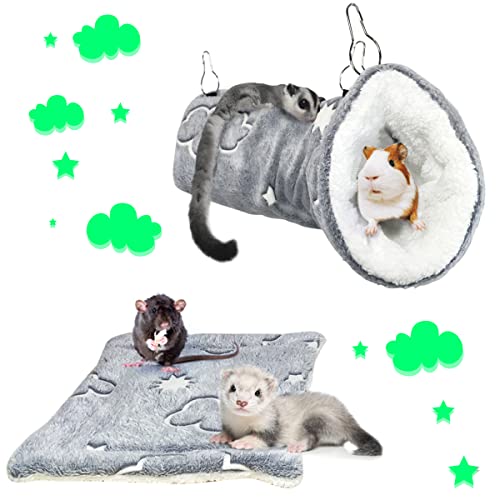 LEFTSTARER Noctilucent Luminous Guinea Pig Rat Hammock Bunkbed Hanging Tunnel and Soft Bed Mat for Ferret Hedgehog Squirrel Hideout Cage Accessories (2.Tunnel Hammock and Mat) - color: 2.Tunnel Hammock and Mat