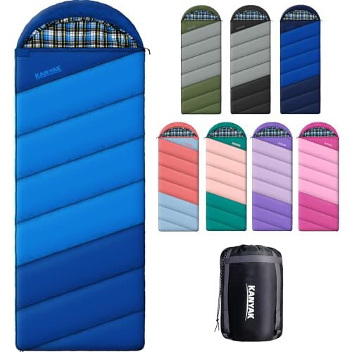 Cotton Flannel Lined Sleeping Bag for Adults Teens Kids, Cold Weather & Warm, 3 Seasons, Lightweight Compact Camping Essentials Equipment, Hiking, Outdoor, Travel - color: Deep Blue & Light Blue