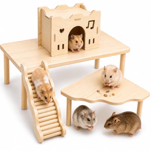 Large Hamster Platform Set Wooden Hamster Cage Accessories 4PCS | large size hamster cage platform natural wood hamster hide hamster accessories for Dwarf Syrian Hamsters Gerbils Mice Degus - color: 4PCS