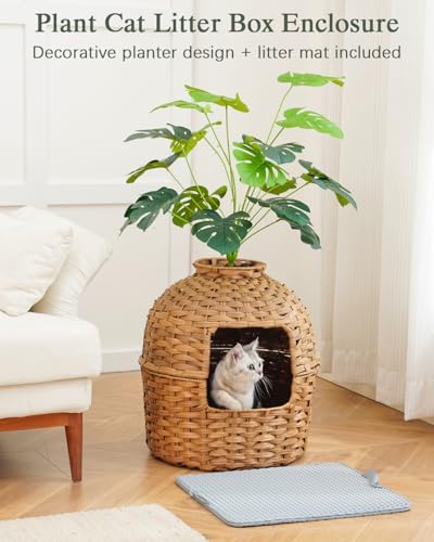 SETVSON Cat Litter Box Enclosure Plant, PE Rattan Kitty House, Natural | Decorative Planter Design, Waterproof Inner PVC Liner, Includes Artificial Plants, Real Stones, Litter Mat, 20x20 Inches - color: Natural(with Litter Mat)
