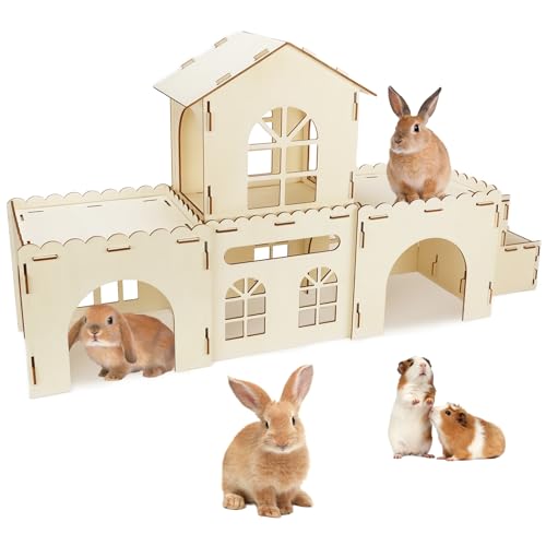 BWOGUE Extra Large Wooden Rabbit Castle, Bunny House Two Tiers with Stairs | Wooden Bunny Hideout, Rabbit Houses and Hideouts, Natural Pine Wood, Detachable Build, Two Doors, Guinea Pigs & Rabbits - style: 4 House and 1 Ladder