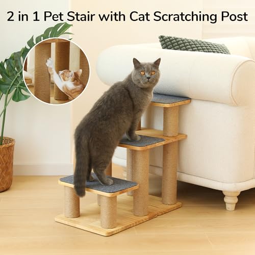 FUKUMARU Dog Stairs, Solid Wood Pet Stairs with Cat Scratching Post | Transformable Cat Step Hold Up to 200 lbs, 20" Pet Ramp for Dogs and Cats to Climb High Bed and Couch, Over 6 Combinations - color: Grey