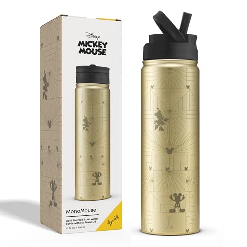 JoyJolt Disney MonoMouse Stainless Steel Water Bottle with Flip Straw Lid, 22 oz Vacuum Insulated Water Bottle, BPA-Free Tumbler ft Minnie & Mickey Mouse | Gold