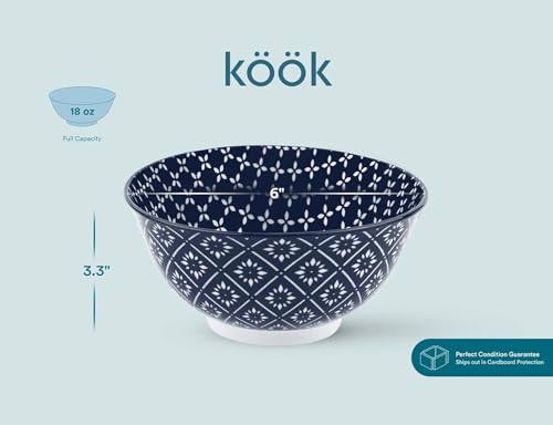 KooK Soup Bowl, Cereal Bowl, Ceramic Cereal Bowls, Microwave, Dishwasher and Freezer Safe, Porcelain Dishes for Soup, Pasta, Salad, Oatmeal, Deep Interior (White & Blue) - color: White & Blue