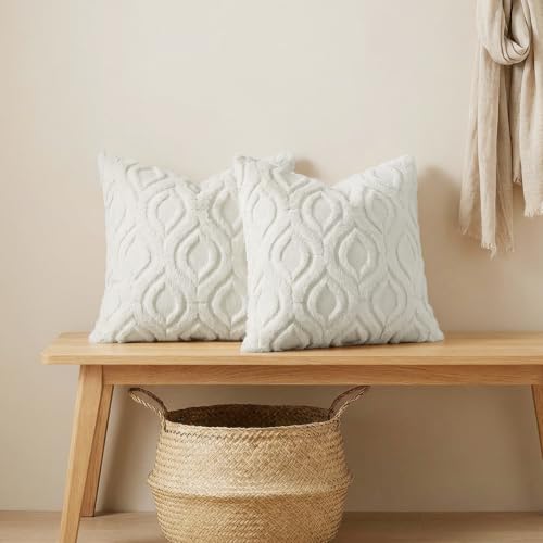 decorUhome Faux Fur Soft Cream White Throw Pillow Covers 16x16 Set of 2 | Plush Solid Fall Couch Pillow Covers, Accent Modern Farmhouse Neutral Decorative Square Pillow Cases for Sofa Bed Living Room - color: Cream White, size: 16" x 16" (Pack of 2)