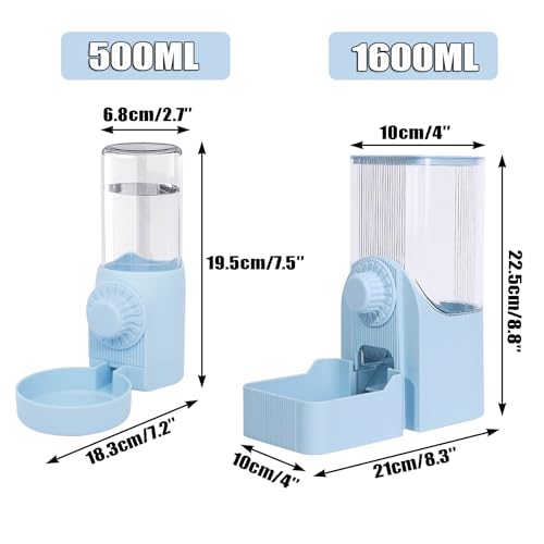 Automatic Rabbit Feeder and Water Dispenser Set,54oz Gravity Food Feeder&17oz Leak-Proof Water Bottle for Guinea Pigs,Hamsters,Chinchillas,Ferrets, Small Animals,Cage Mount Feeding Station Blue