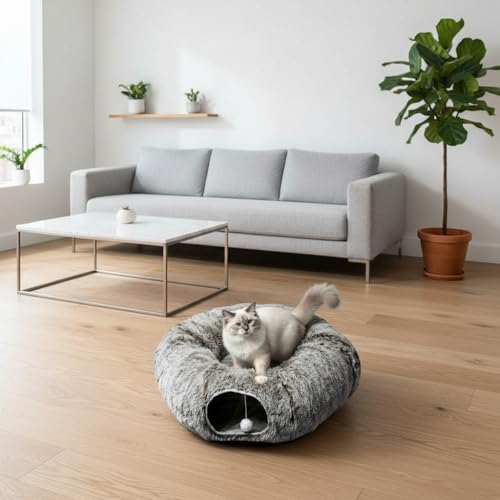 AUOON Plush Cat Tunnel Bed for Indoor Cats, 36" L x 36" W x 11.5" H, Brown | 2 in-1 Interactive Cat Toy, with Hanging Ball Toy, Machine Washable Center Pad, for Kitten Puppy Rabbit Ferret - color: Brown