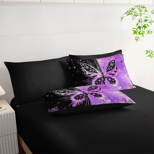7Pcs Animals Comforter Set Black Purple Butterfly Printed Bedding Set with 1 Comforter, 1 Flat Sheet, 1 Fitted Sheet and 4 Pillowcases for Boys and Girls Bedroom (Butterfly-3 Full - color: Butterfly-3, size: Full 80x90inches