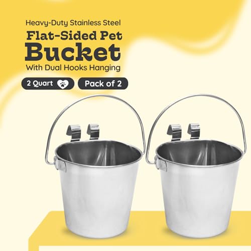 2 Quart Stainless Steel Flat Sided Bucket with Dual Hooks | 2 Pcs Durable Food & Water Bowl for Dog Cats Bird & Small Animals | Fits kennel Cage Crates Hanging Pet Pail | Multipurpose use - size: 2 Quart (Pack of 2)