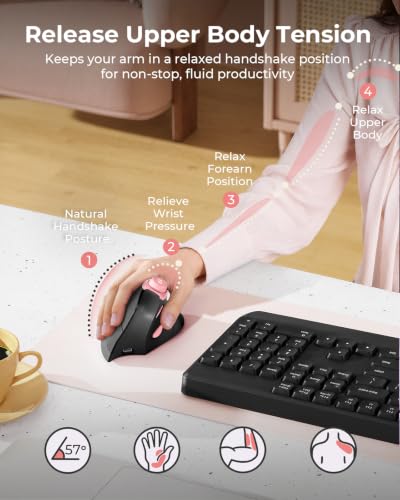 seenda MOU-302 Wireless Bluetooth Ergonomic Vertical Mouse with Volume Knob | Rechargeable 3-device mice for small/medium hands with quiet clicks, 1000/1600/2400 DPI for PC, laptop, MacBook, Black Pink - color: Black Pink