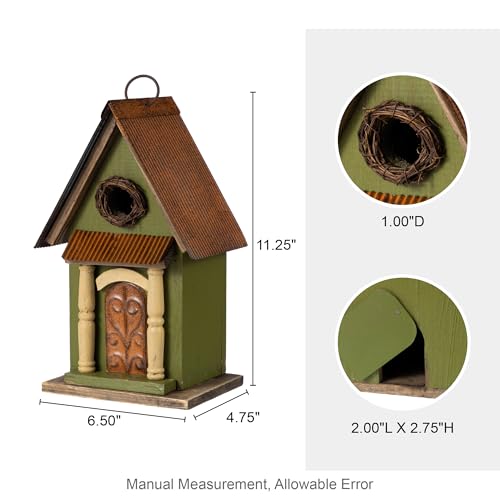 Glitzhome Hanging Birdhouse for Outdoors, Bird Houses for Outside, 11.25" H Vintage Distressed Decorative Wooden Bird House Garden Birdhouse for Bluebird Hummingbird Wren Finch Cardinals Cedar - color: 11.25"H Green