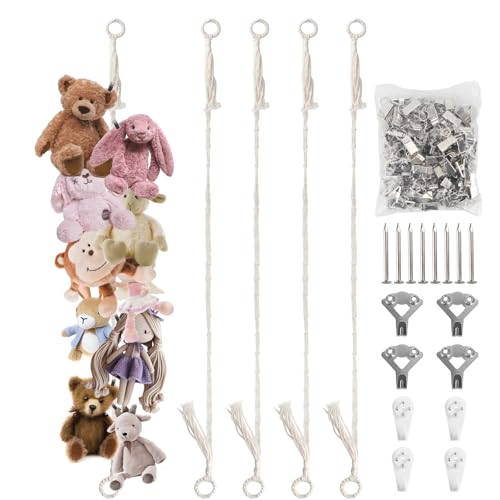 Munzong Stuffed Animal Storage Chain 80 Inch, 4pcs Beige Hanging Organizer | Stuff Animals Cotton Toy Display Chain with 80 Clips Toys Organizers Holder for Room Wall Corner Decor - color: Beige, size: 4 Pack