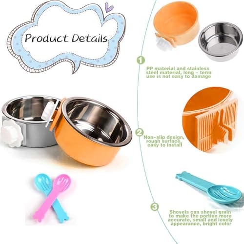 Hamiledyi 2-Pack Hanging Dog Bowls with Removable Stainless Steel Feeder - Spill-Proof Crate Bowls for Kennel/Cage, Puppy to Medium Dogs, Cats, Rabbits & Guinea Pigs (Durable Pet Food & Water Dishes) - color: C：Orange + Grey