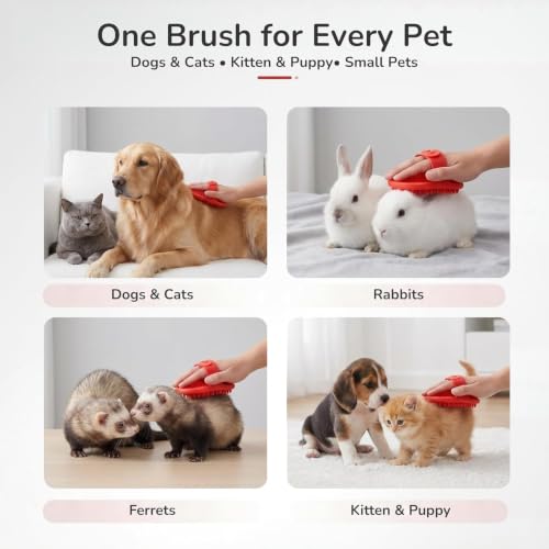 Pets&Goods Rubber Pet Grooming Brush for Dogs & Cats – Bath & Deshedding Brush with Custom-Fit Hand Straps – Soft Silicone Bristles for Short & Medium Hair – Anti-Slip, Easy to Clean - color: Red