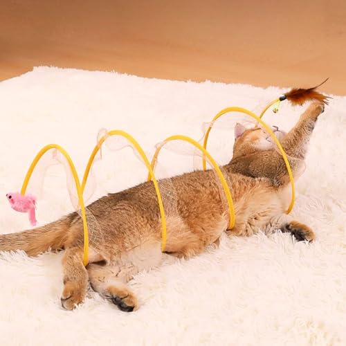 Andiker Cat Tunnel Toy, 10inch Collapsible Metal Cat Spring Toy with Nylon Mesh, Feather, Mouse, and Bell, Interactive Cat Toys for Indoor Cats to Scratch, Puzzle, Relax and Kill Time (Mouse) - color: Mouse