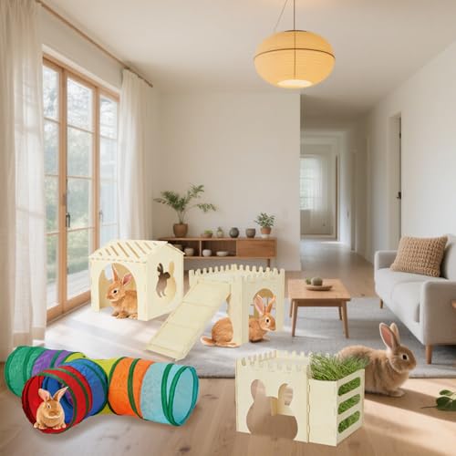 Extra Large Rabbit Hideout, Wooden Bunny Castle with Tunnel and Stair, Rabbit House Tower with Hay Feeder Sturdy Habitat for Guinea Pig Chinchilla Ferret Hamster - color: -Natural -03