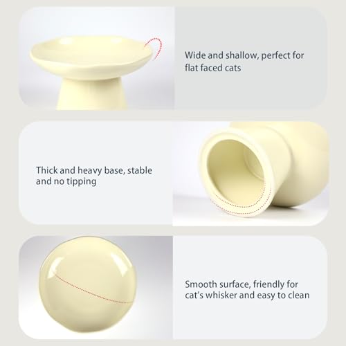 Wide Shallow 6.1" Raised Cat Bowls, Ceramic Elevated Food Plate for Flat Faced Cats and Small Dogs, Porcelain Feeder Bowl, Stress Free, Protect Cat’s Spine, Cream - color: Cream-Shallow