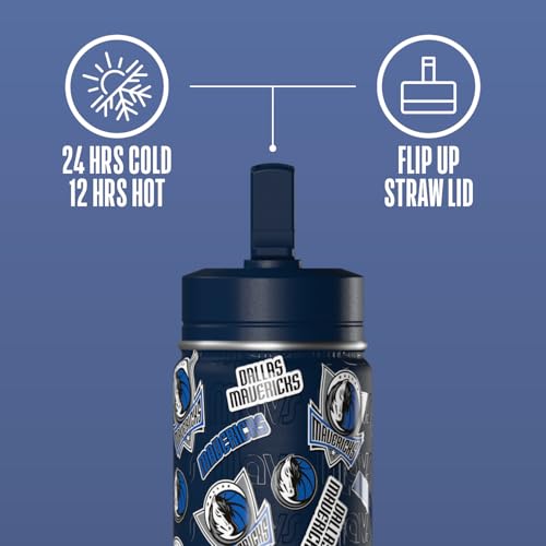 Hydrapeak NBA Officially Licensed Dallas Mavericks Mini 14oz Kids Stainless Steel Water Bottle with Straw Lid & Flexible Handle, Double Wall Insulated, Spill Proof, Perfect for Back to School - color: Dallas Mavericks