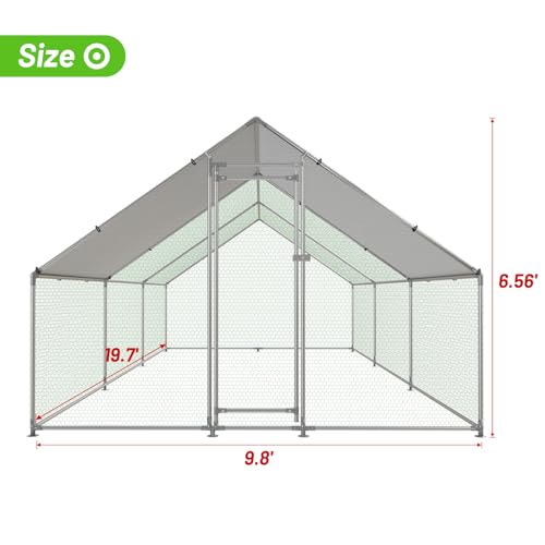 NUGRIART Large Metal Chicken Coop Walk-in Poultry Cage with Water-Resident and Anti-UV Cover Duck Rabbit Cat House Outdoor Chicken Run Pen with Spire Shaped Cage - size: 19.7’L×9.8’W×6.5’H
