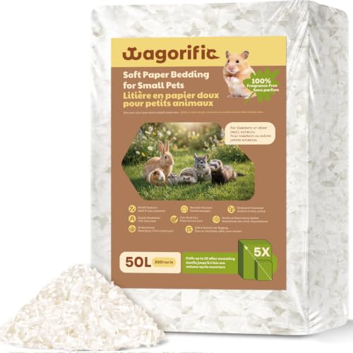 Hamster Bedding Odor Control, Small Animal Paper Bedding 50L | Guinea pig bedding expands 5X, creating soft absorbent fill for burrowing, nesting, moisture control and fresher cages daily - color: Snow White, size: 50 Liters