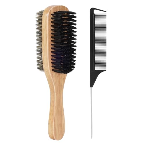 SIMPOR 2PCS Double Sided Boar Bristle Hair Brush Set, 2-in-1 Hair Brush with Rat Tail Comb for Women, Firm and Soft Bristles with Wooden Handle for Detangling, Smoothing, Wave Styles
