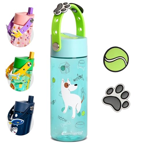 Elemental Water Bottles for Kids - Splash Kids Water Bottle for School with Fun Charm Handle - BPA Free Tritan Plastic Bottle with Straw Leak Proof When Spout is Closed - 18oz - Pup Pal - color: Pup Pal