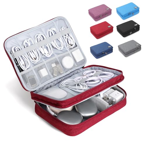 Electronic Organizer Travel Case, Double Layer Cable Organizer Bag | Double-layer design with adjustable dividers, mesh pockets and elastic loops for chargers, cables, power banks and gadgets - color: red