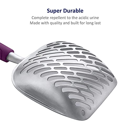 Cat Litter Scoop, Aluminum Alloy Sifter, Kitty Metal Scooper, Deep Shovel with Diagonal Sifting Hole, Long Handle, Kitten Poop Lifter for Litter Box, Medium Size, Violet Handle - color: #07 Violet, size: Medium