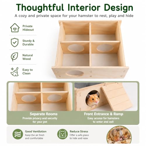 Wooden Hamster Hideout with Slate Rock Cooling Roof, 7.9" Large Hamster House and Hideouts with Climbing Ladder, Tunnel Enrichment Toys, Hamster Cage Accessories for Syrian, Dwarf, Gerbil, Mouse