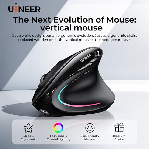 Uineer Wireless Ergonomic Mouse, Wireless Bluetooth Rechargeable Vertical Mouse, 7 Color LED, 4 DPI Adjustable, USB-A Receiver, Wrist Strain Relief,Optical Mice for Computer/PC/Laptop, Black (Black) - color: Black