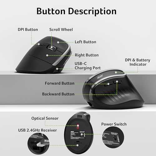 Acer Ergonomic Mouse Wireless, Vertical Computer Mouse for Laptop, PC | Office Ergo Mice Rechargeable for Medium to Large Sized Hands, 58° Tilt, 2.4G USBA Receiver, 800/1200/1600 DPI, 6 Buttons - size: Large