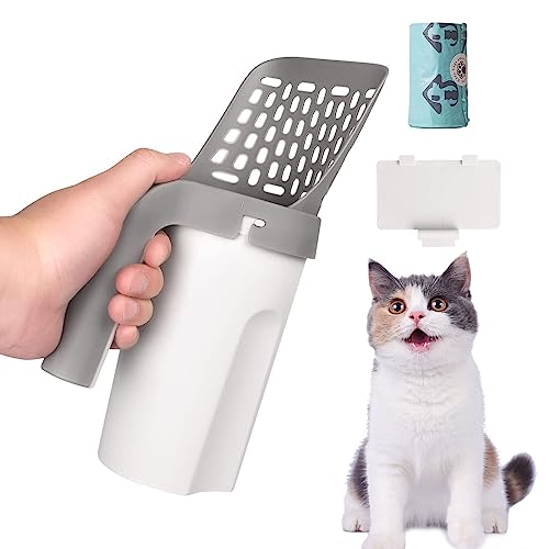 Pooper Scooper for Cat, Cat Litter Scoop with Bags, Integrated Detachable Deep Shovel Holder, Large Capacity Portable - color: White