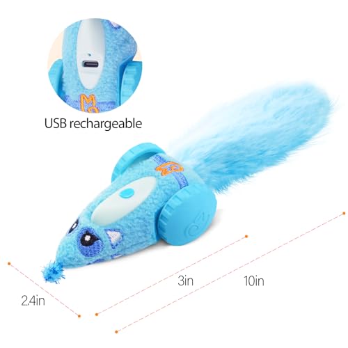 Migipaws Automatic Cat Toys for Indoor Cats, Plush Interactive Mouse Toy, Smart Moving Rechargeable Kitten Toy (Blue)