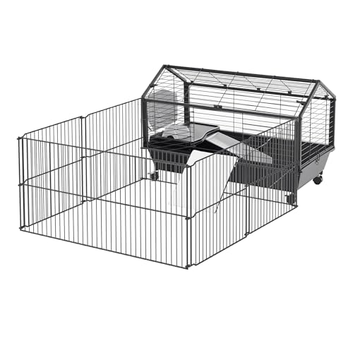 PawHut Small Animal Cage with Foldable Run Area, Rolling Bunny Cage, Guinea Pig Cage, Hedgehog Cage with Water Bottle, Water Bowl, and Ramps, 35" L | Guinea Pig Hutch, Hedgehog Cage, Water Bottle, Water Bowl, Ramps - size: 50.5"L x 34.8"W x 22.0"H