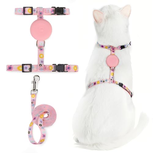 PUPTECK Adjustable Cat Harness and Leash Set Escape Proof Kitten Strap Collar for Walking Travel, Floral Pattern - color: Pink(Floral), size: Small
